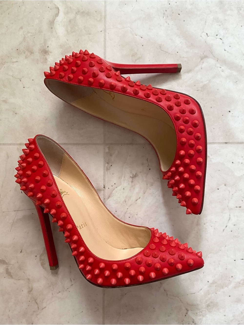 Christian Louboutin Pigalle Spikes 120 Pointed Toe Red Leather Pumps Heels 6.5